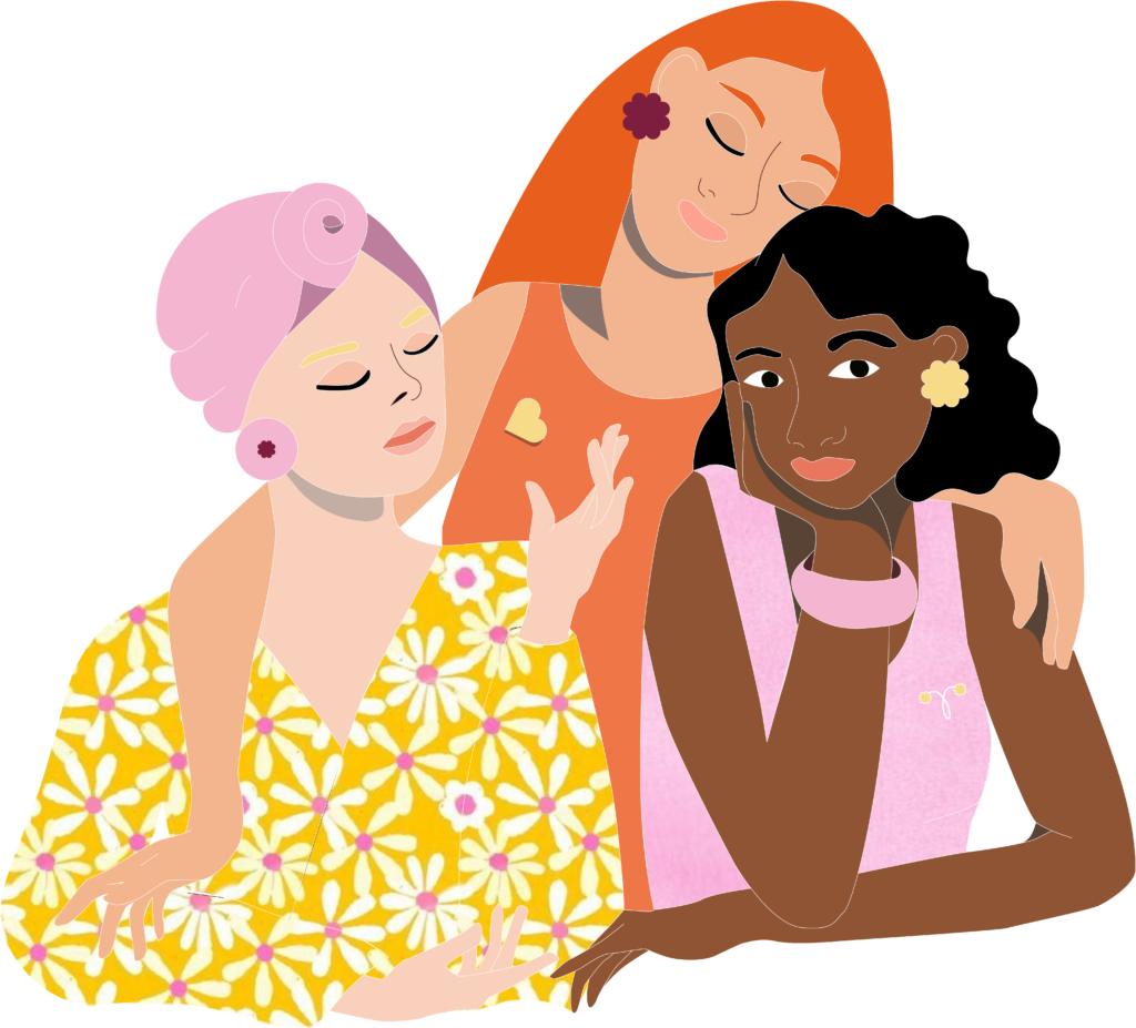 Illustration de trois femmes enlacées, dont une coiffée d’un foulard