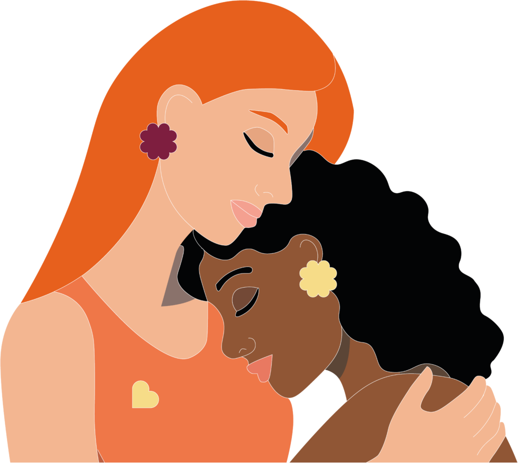 Illustration de deux femmes qui se réconfortent, tête contre tête